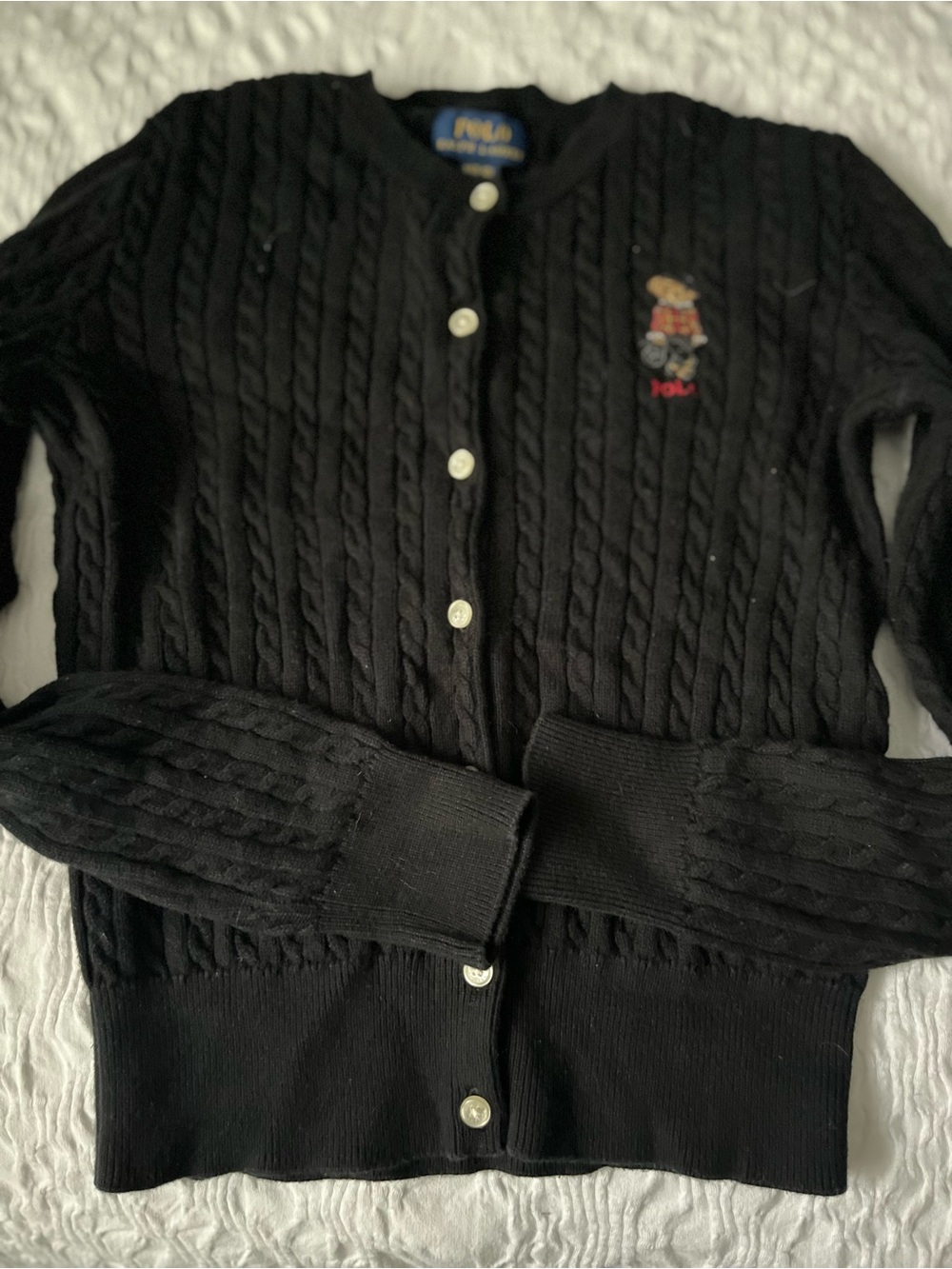 Polo by Ralph Lauren girls  Black Cable Knit Cardigan with Embroidered Bear